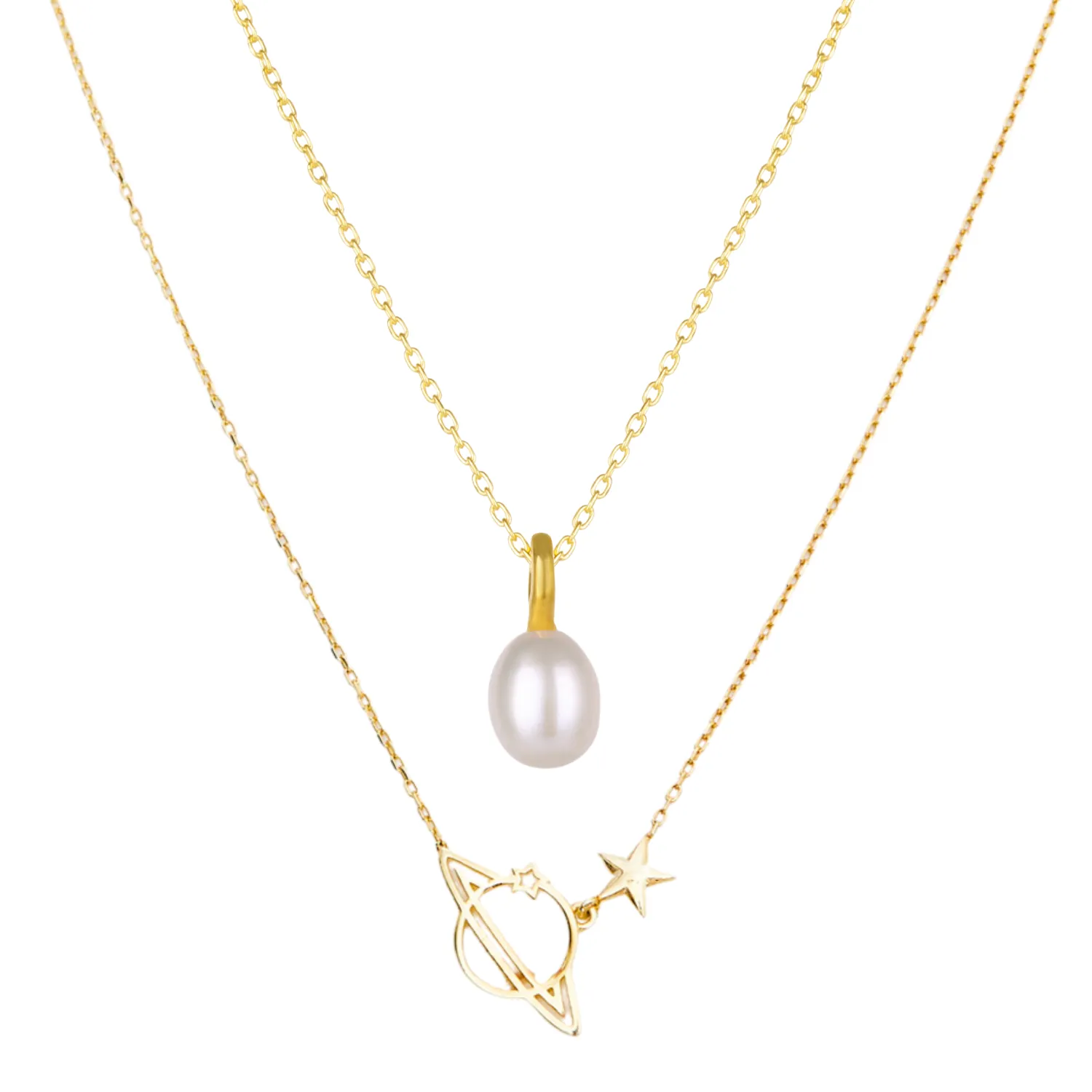 Treasures Baroque Seed Pearl and Saturn Pendant Sterling Silver Necklace Set sold by Spero London