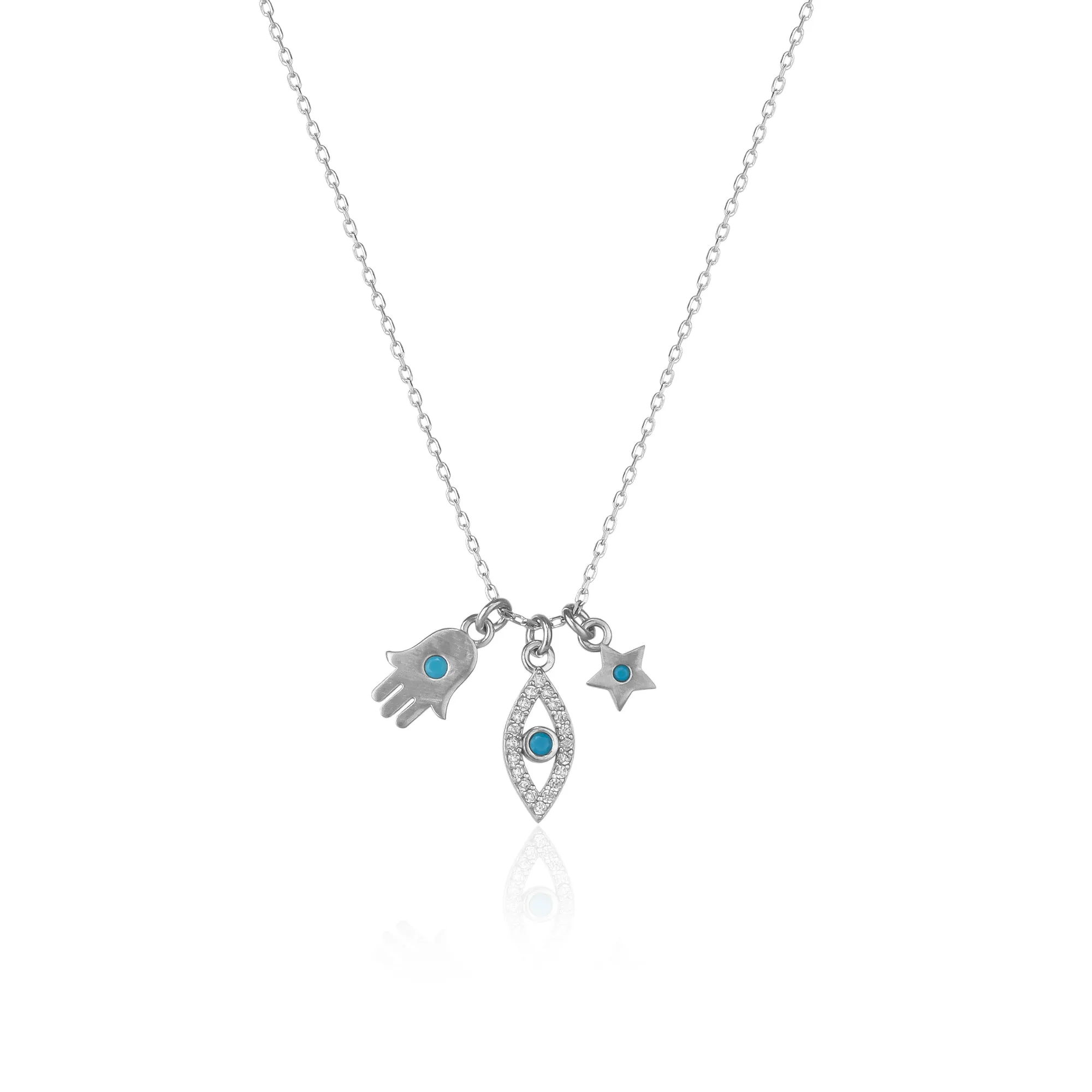 Hamsa Evil Eye Star Turquoise Sterling Silver Necklace sold by Spero London