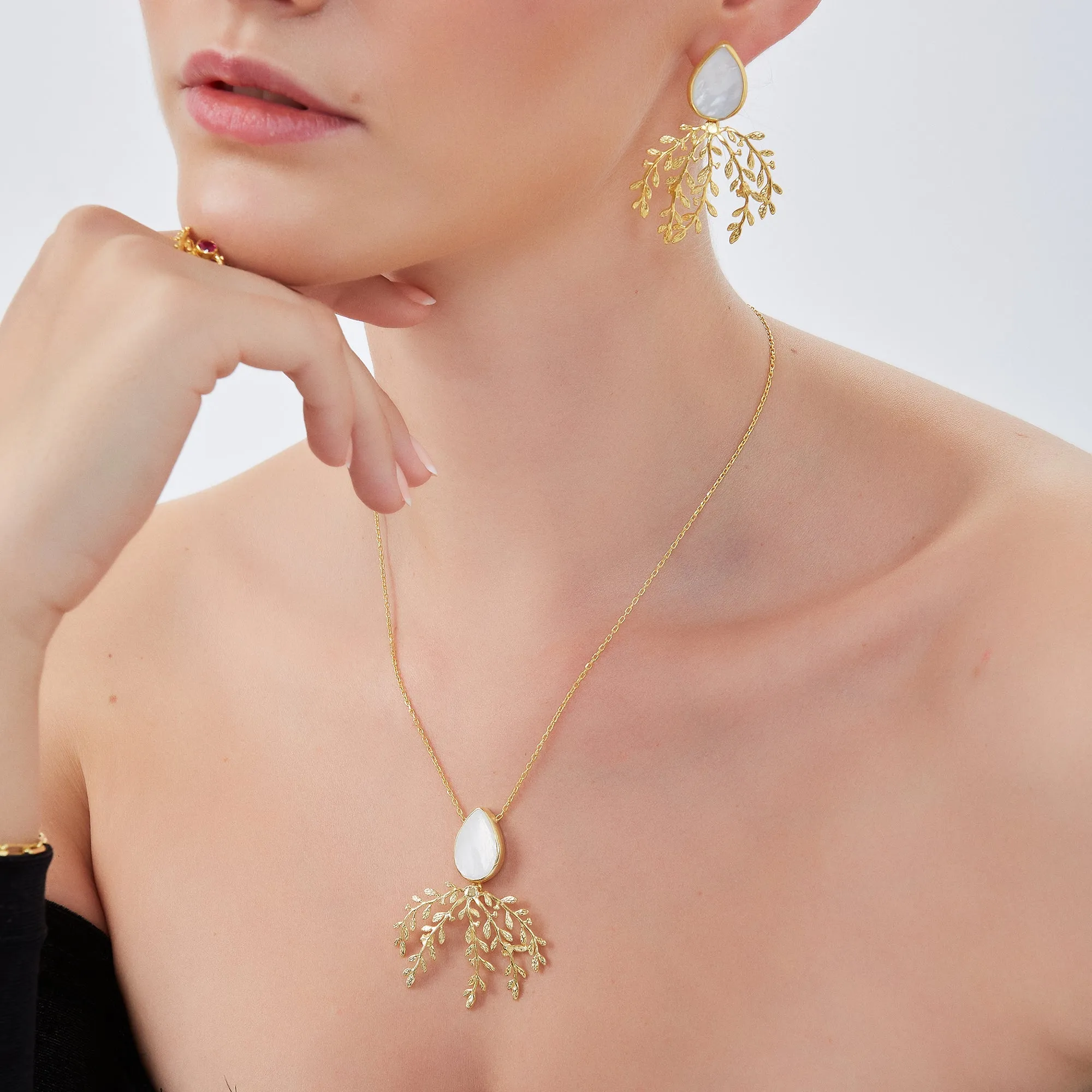 Mother Of Pearl Olive Branch Sterling Silver Necklace sold by Spero London product image thumbnail 4