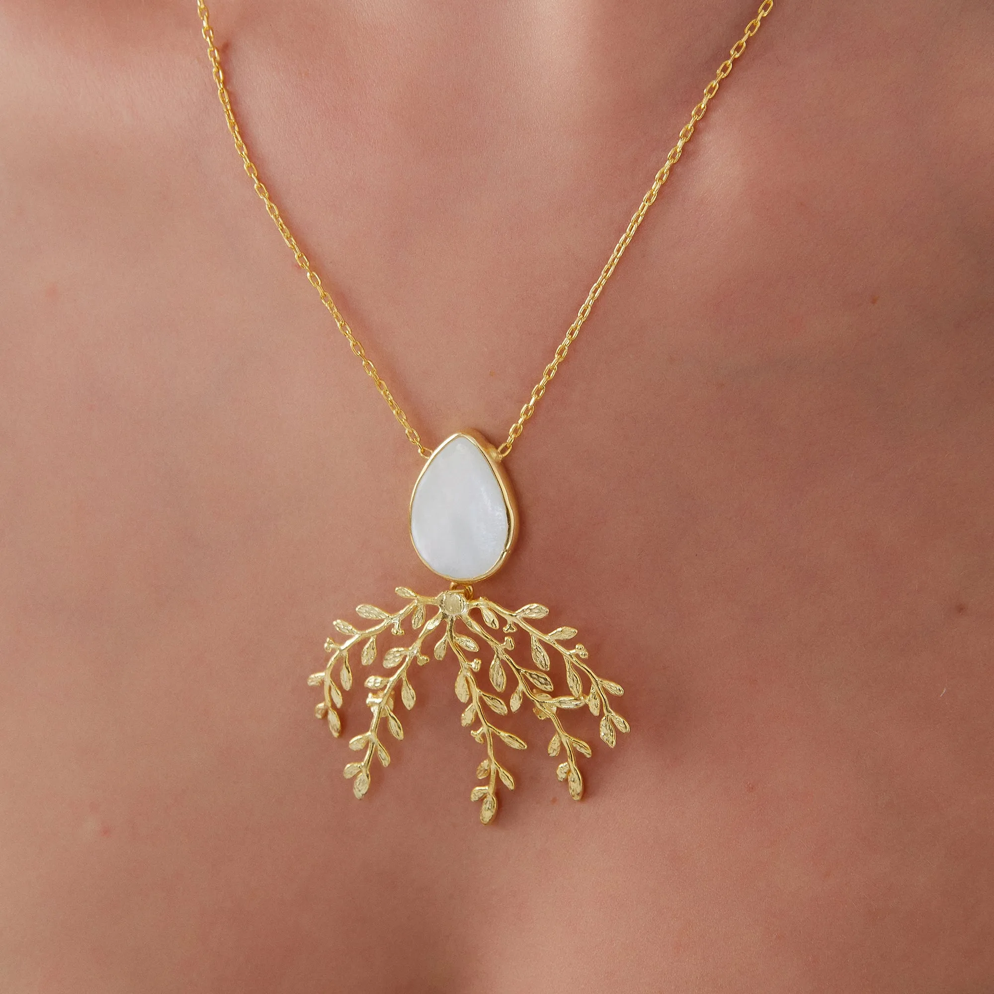 Mother Of Pearl Olive Branch Sterling Silver Necklace sold by Spero London product image thumbnail 2