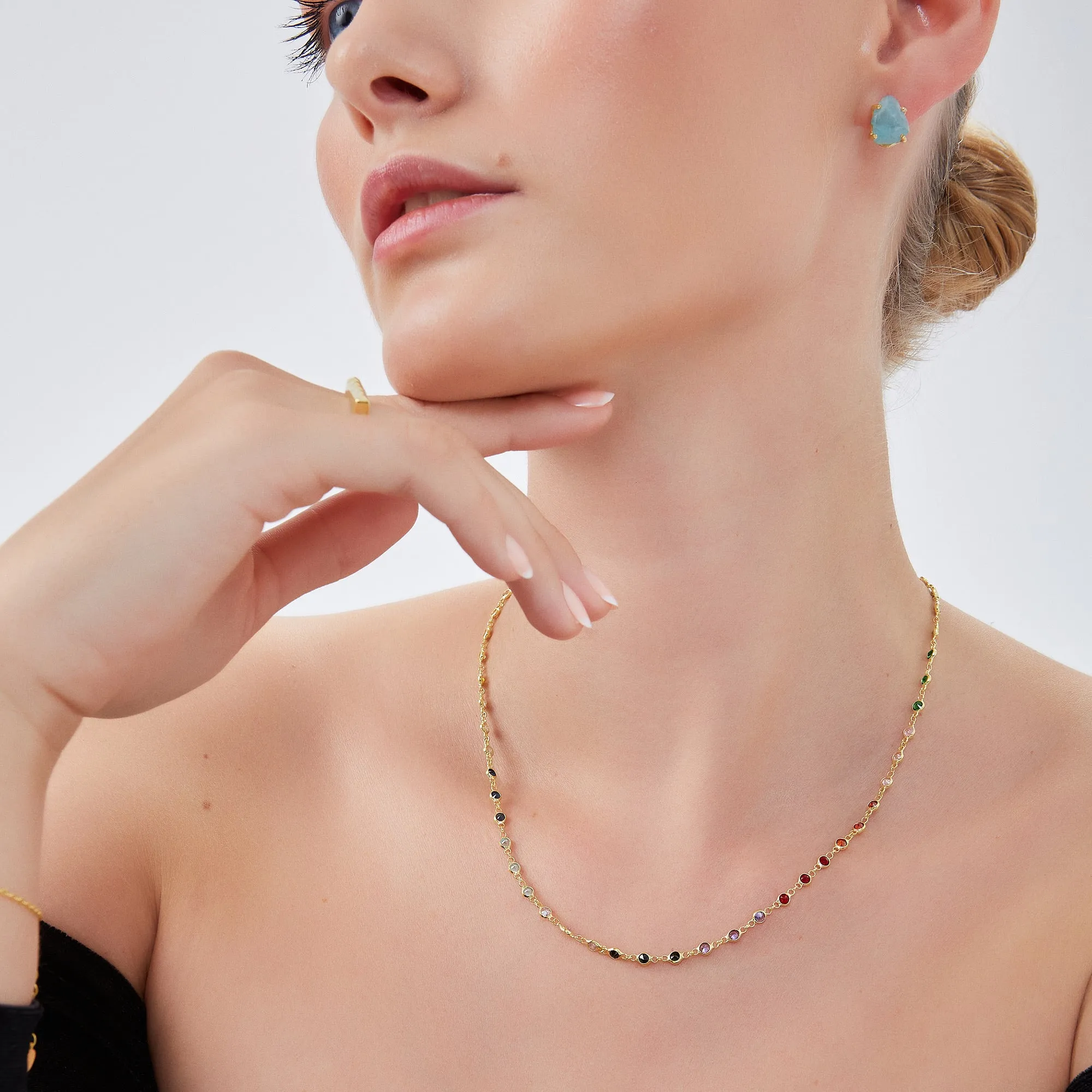 Colourful Rainbow Jewelled Sterling Silver Chain Necklace sold by Spero London product image thumbnail 3