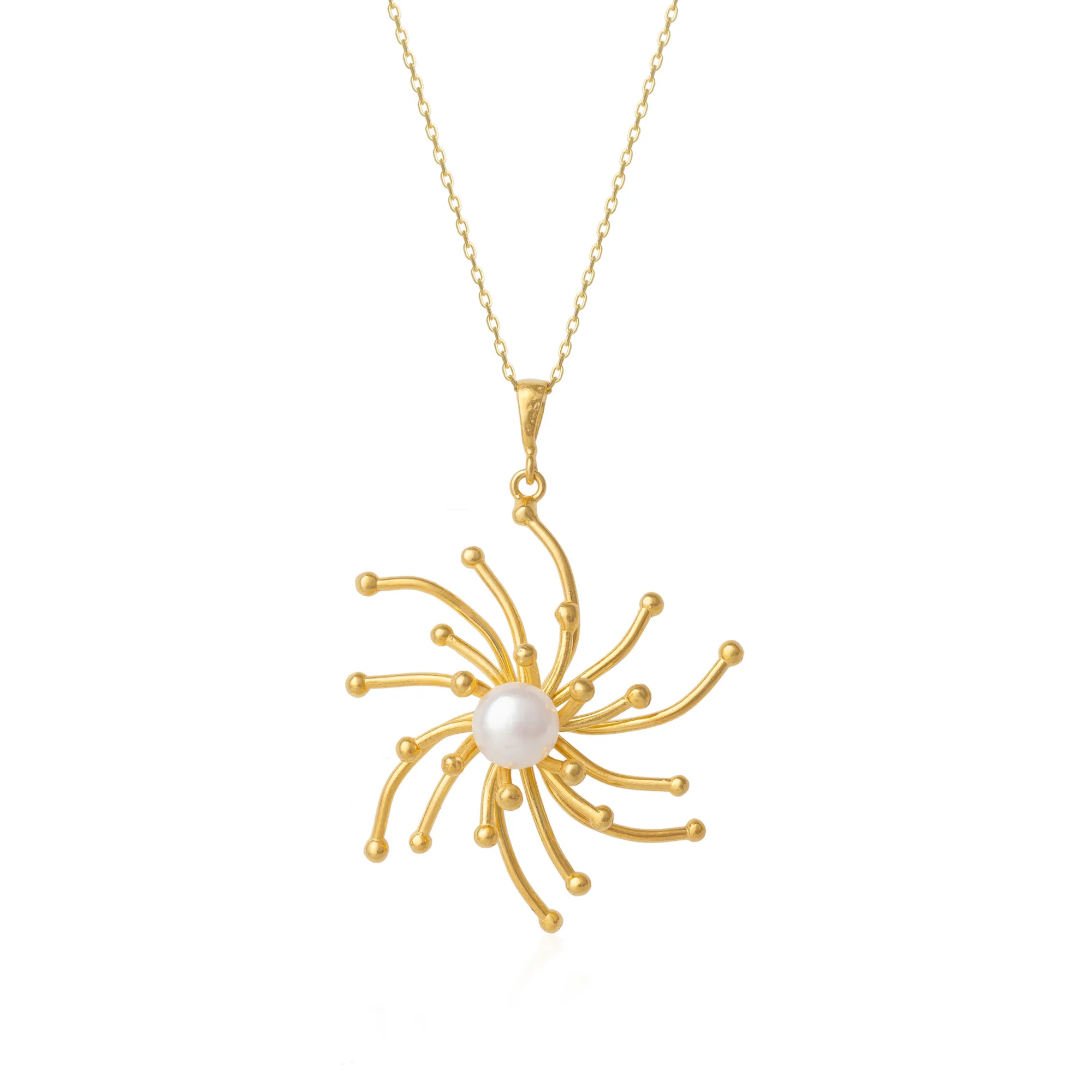 Pearl Sun Molten Dripping Sunburst Sterling Silver Pendant Necklace sold by Spero London
