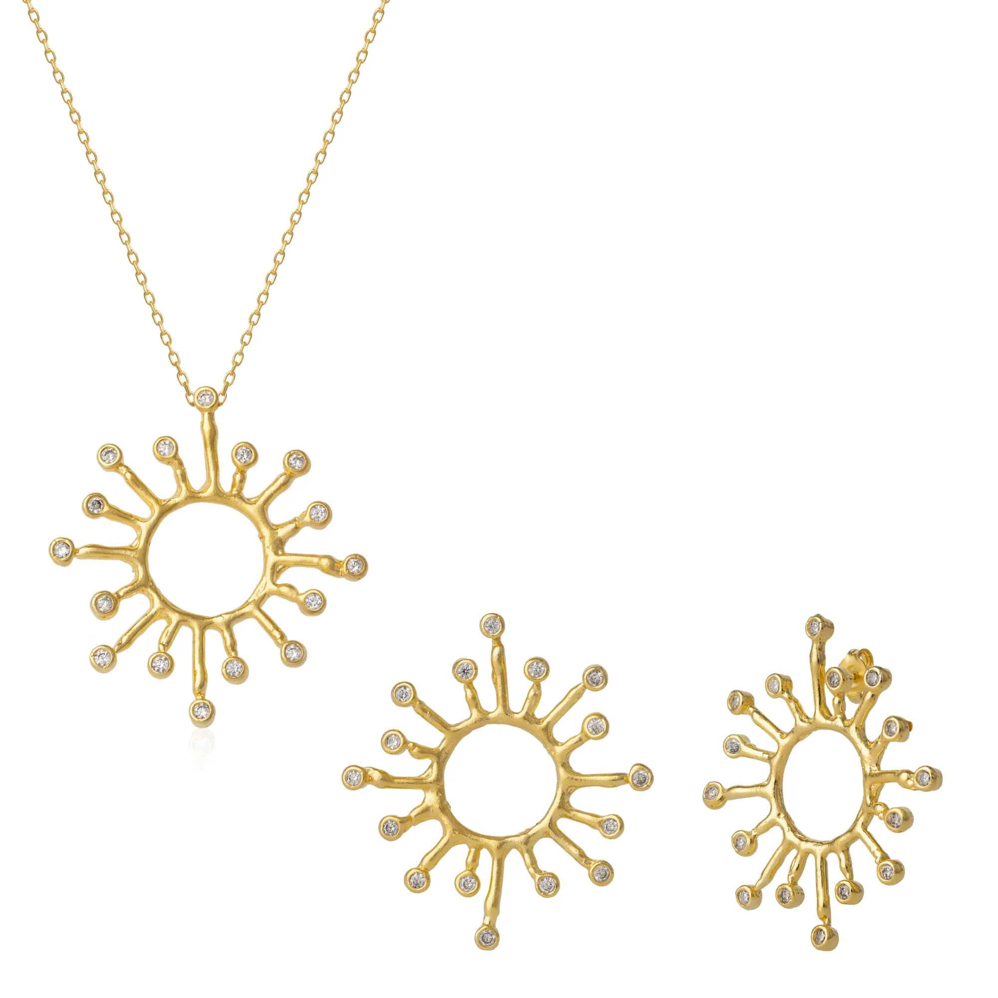 Sun Sunburst Large Textured Molten Sterling Silver Earrings and Necklace Set sold by Spero London