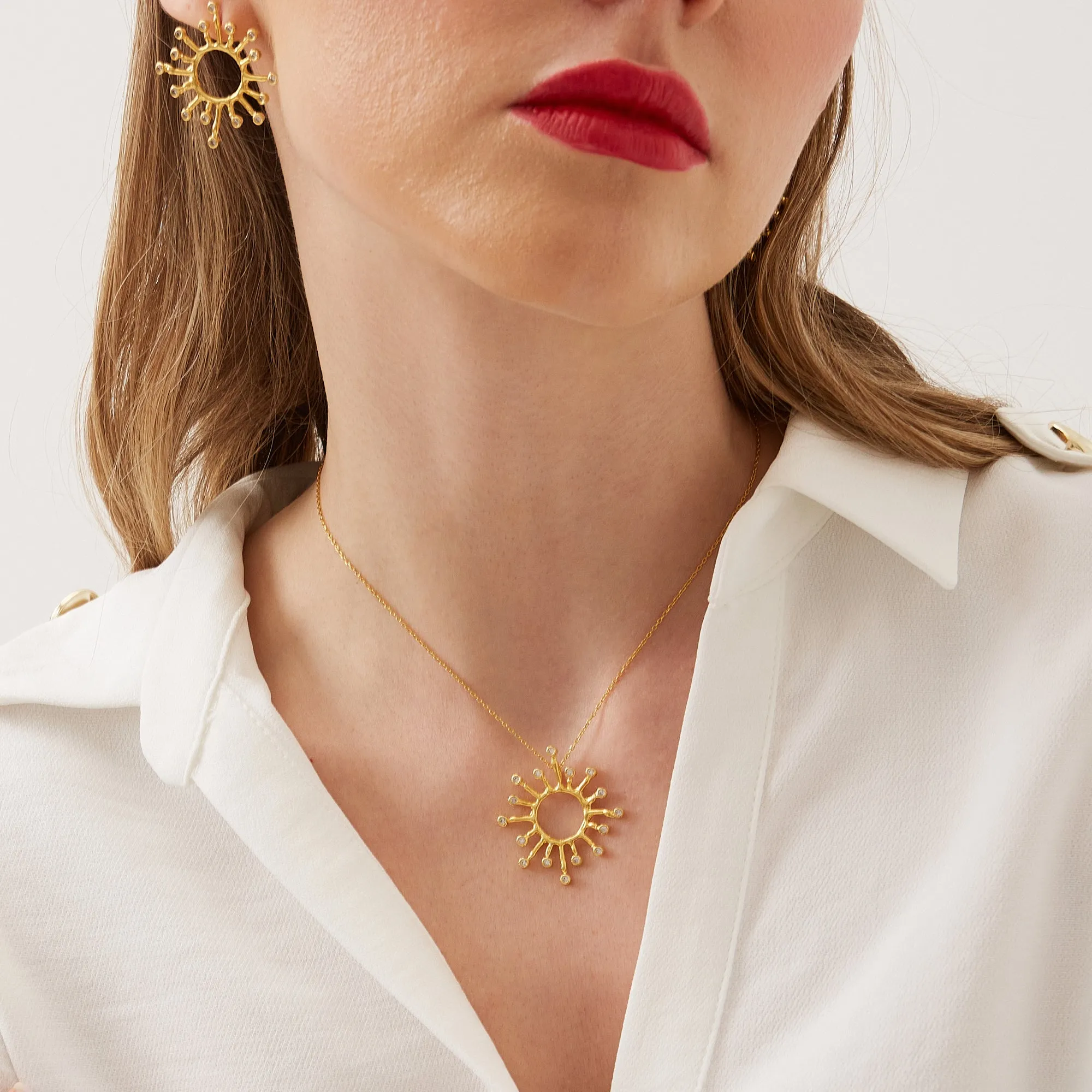 Sun Sunburst Large Textured Molten Sterling Silver Earrings and Necklace Set sold by Spero London product image thumbnail 2