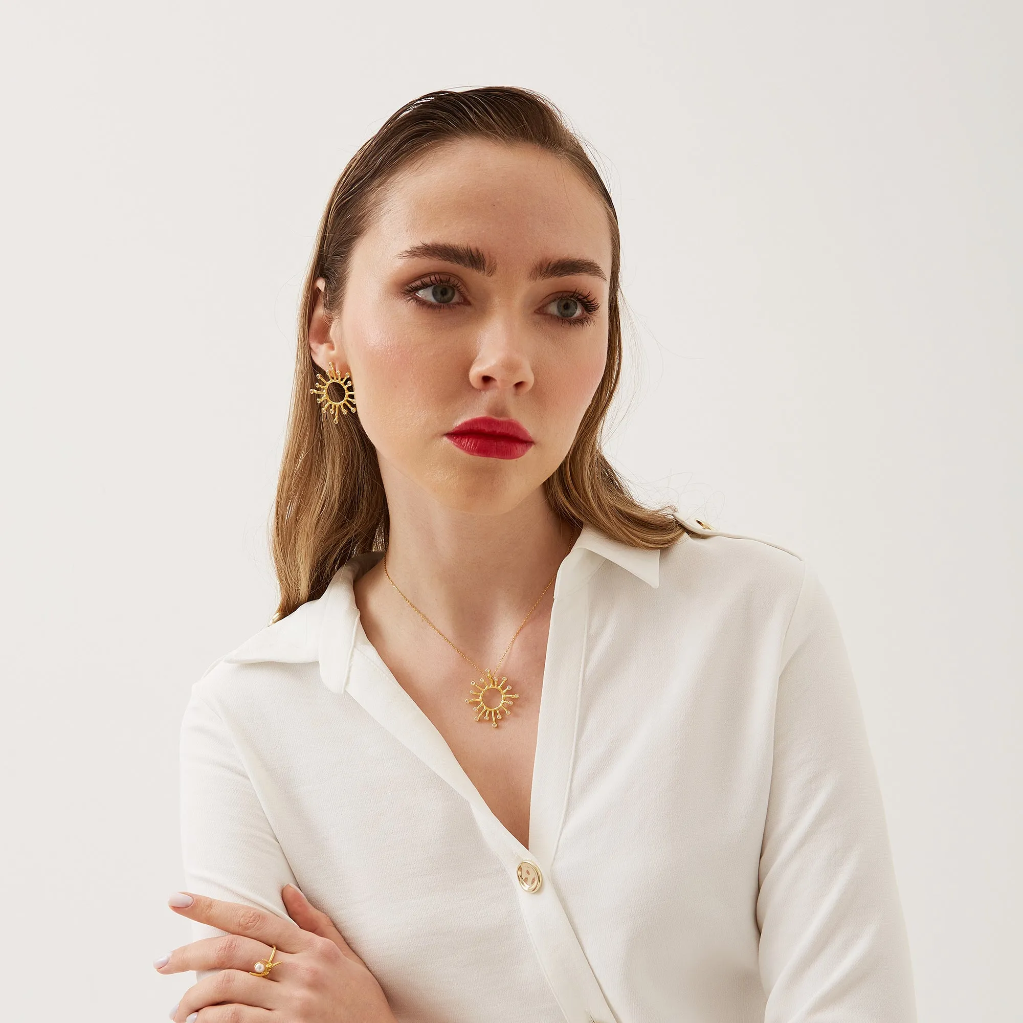 Sun Sunburst Large Textured Molten Sterling Silver Earrings and Necklace Set sold by Spero London product image thumbnail 5