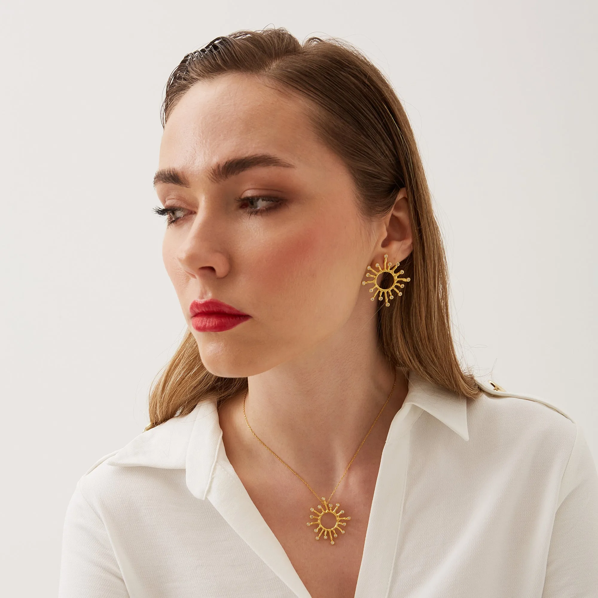 Sun Sunburst Large Textured Molten Sterling Silver Earrings and Necklace Set sold by Spero London product image thumbnail 4