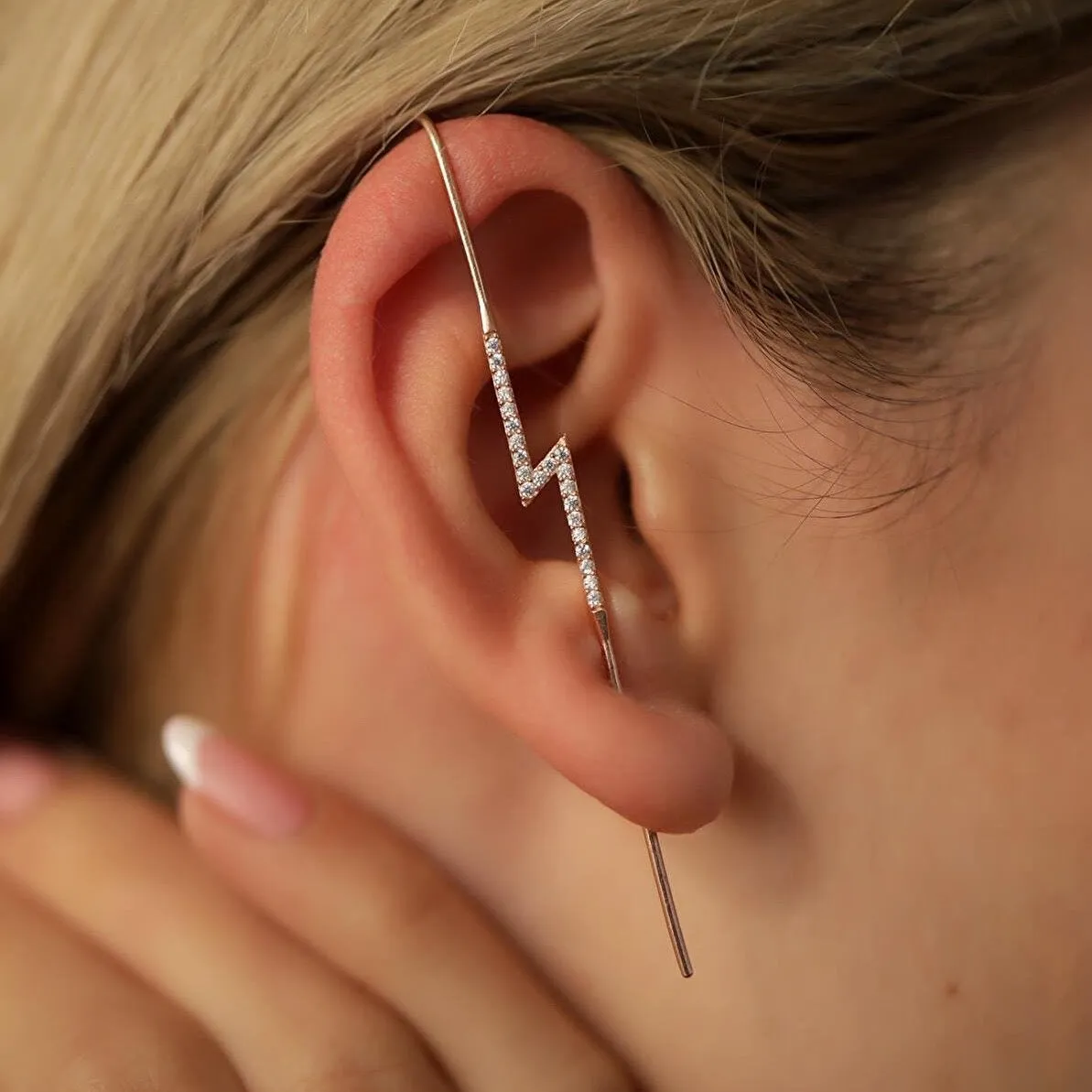 Sterling Silver Lightning Bolt Ear Crawler with Sparkling White Gemstones - Pair sold by Spero London product image thumbnail 5