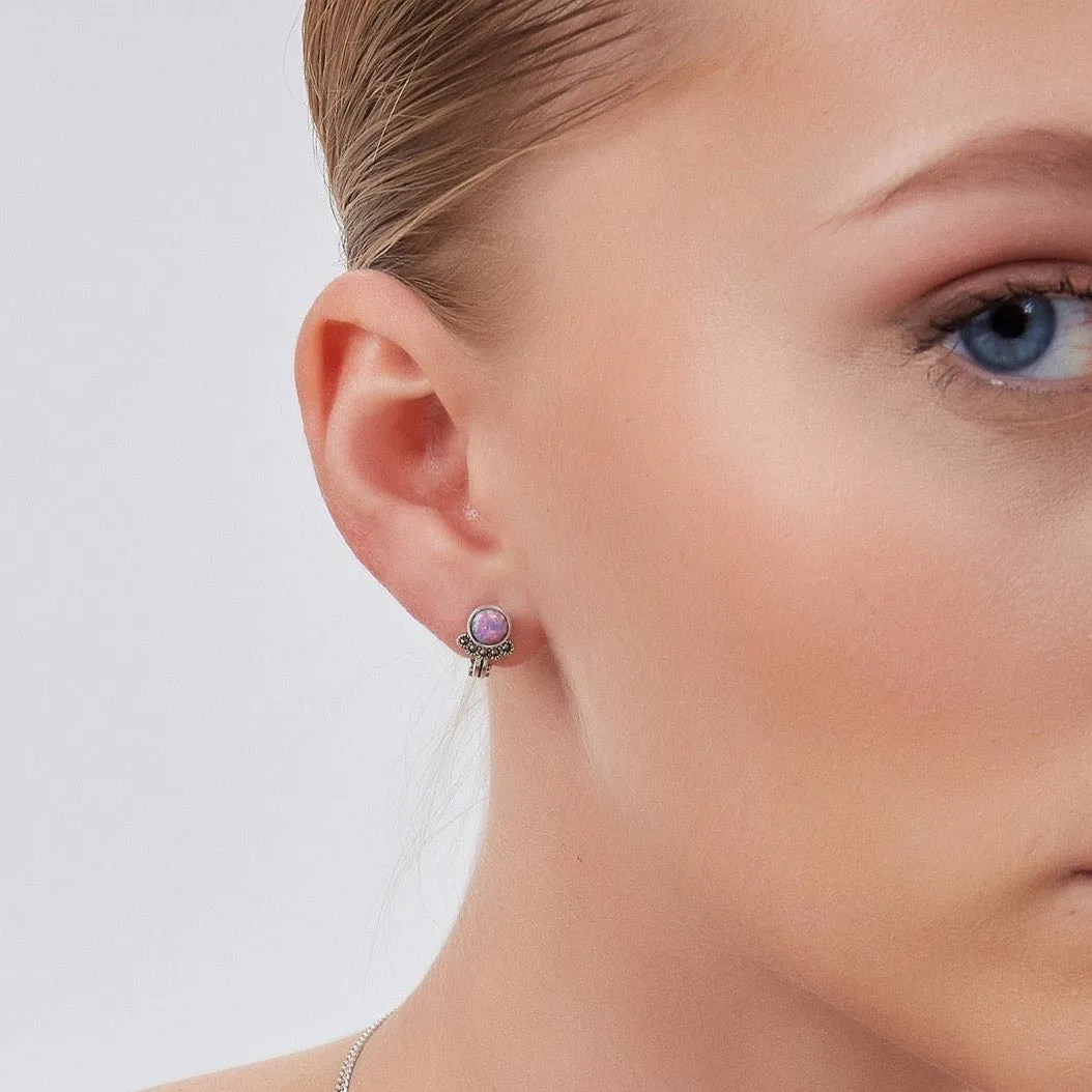 Sterling Silver High Quality Round Purple Opal Earrings With Marcasite Jewels sold by Spero London product image thumbnail 2