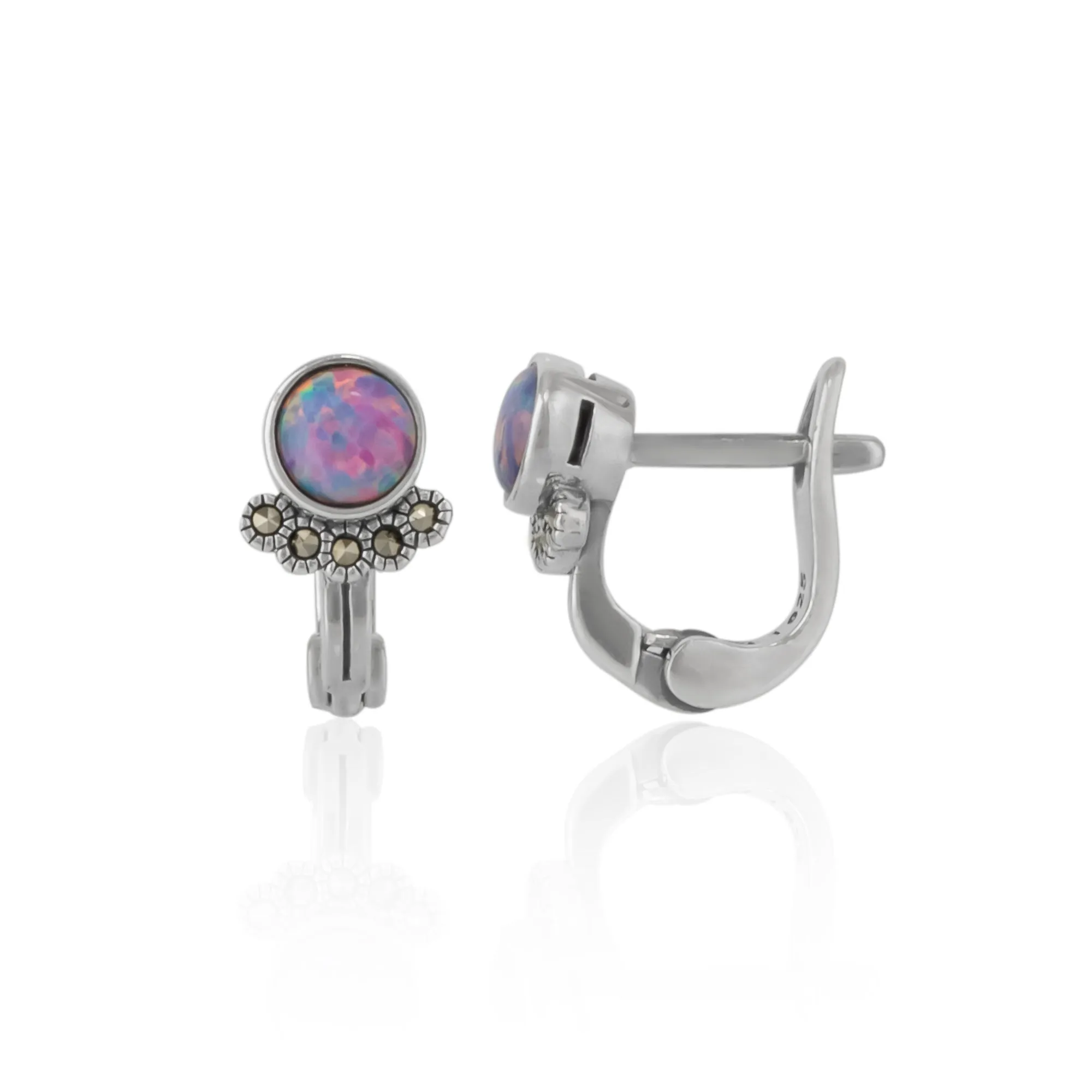 Sterling Silver High Quality Round Purple Opal Earrings With Marcasite Jewels sold by Spero London