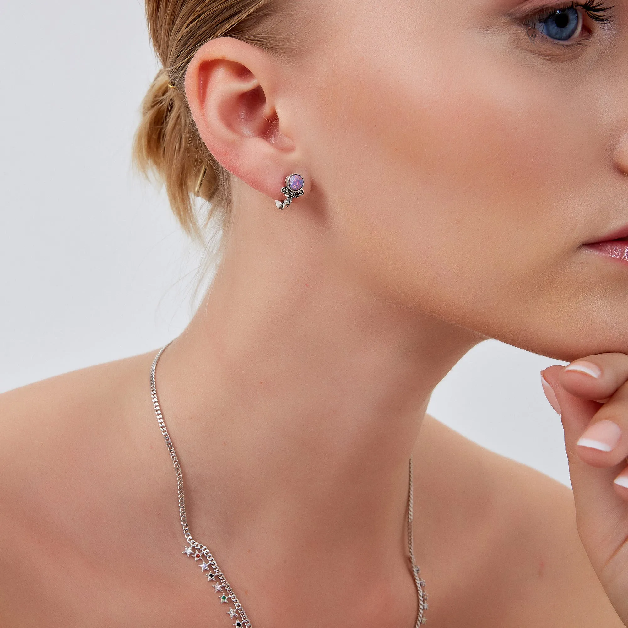 Sterling Silver High Quality Round Purple Opal Earrings With Marcasite Jewels sold by Spero London product image thumbnail 3