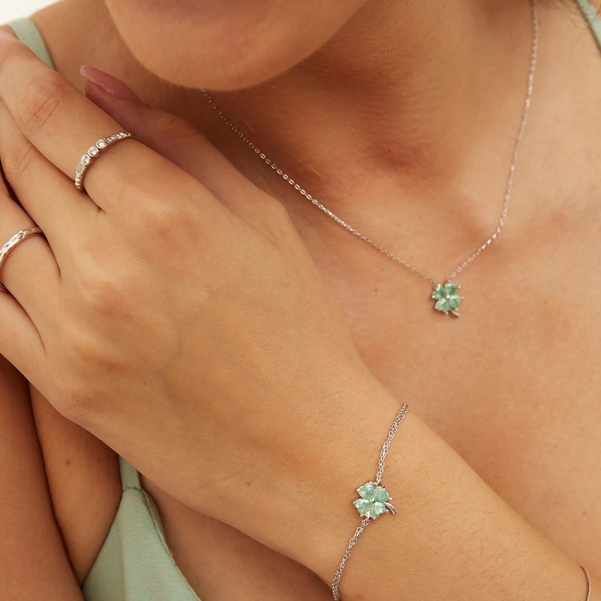 Four Leaves Clover Sterling Silver Bracelet and Necklace Set in Green sold by Spero London product image thumbnail 3