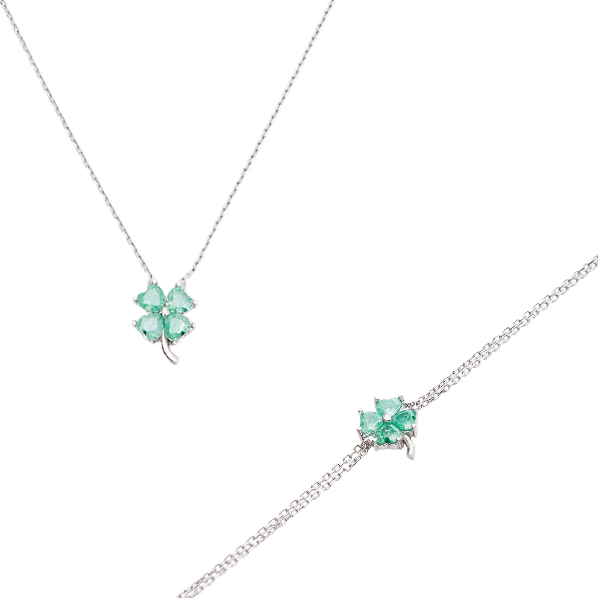 Four Leaves Clover Sterling Silver Bracelet and Necklace Set in Green sold by Spero London