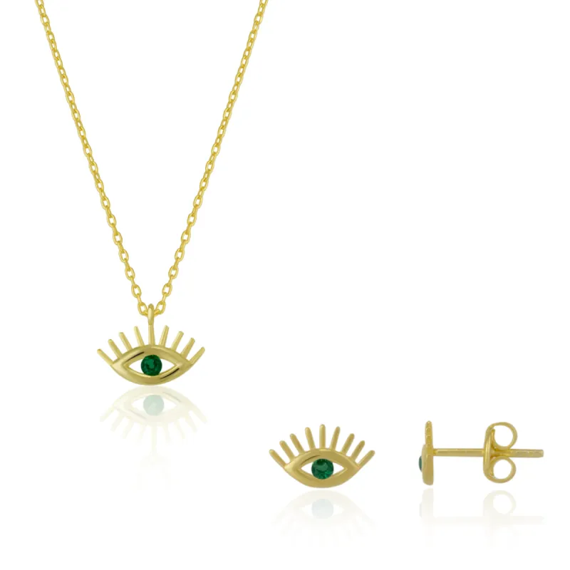Emerald Eye Evil Eye Sterling Silver Necklace and Stud Earring Set sold by Spero London