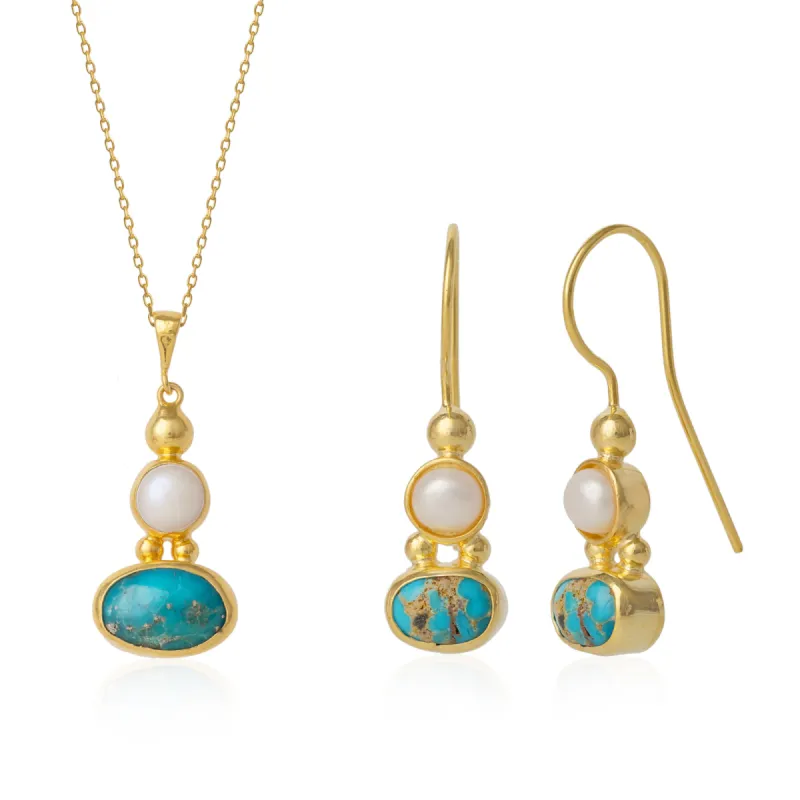 Turquoise Authentic Pendant and Earrings Sterling Silver Gold Plated Set sold by Spero London