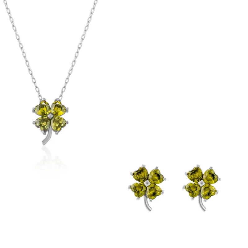 Four Leaf Clover Sterling Silver Stud Earrings and Necklace Set - Mystic Green sold by Spero London