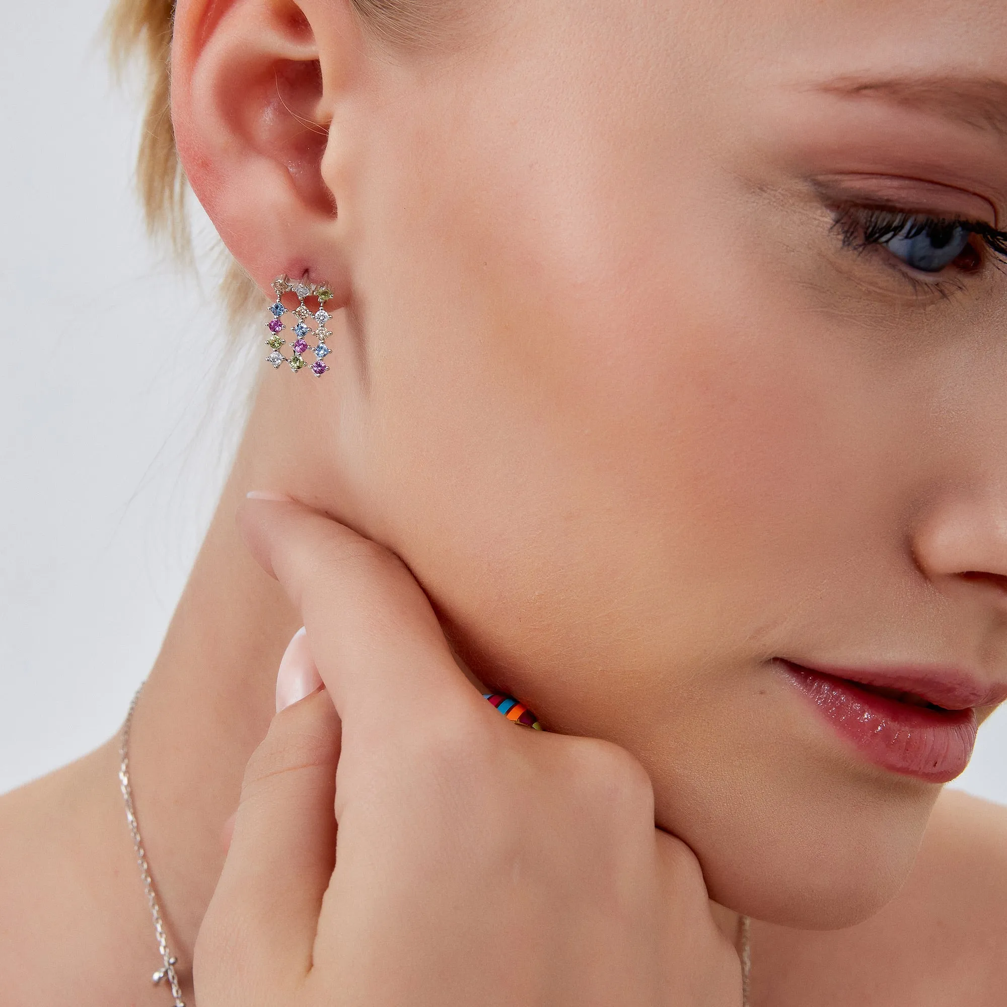 Colourful Rainbow Jewelled Sterling Silver Cluster Stud Drop Earrings sold by Spero London product image thumbnail 2