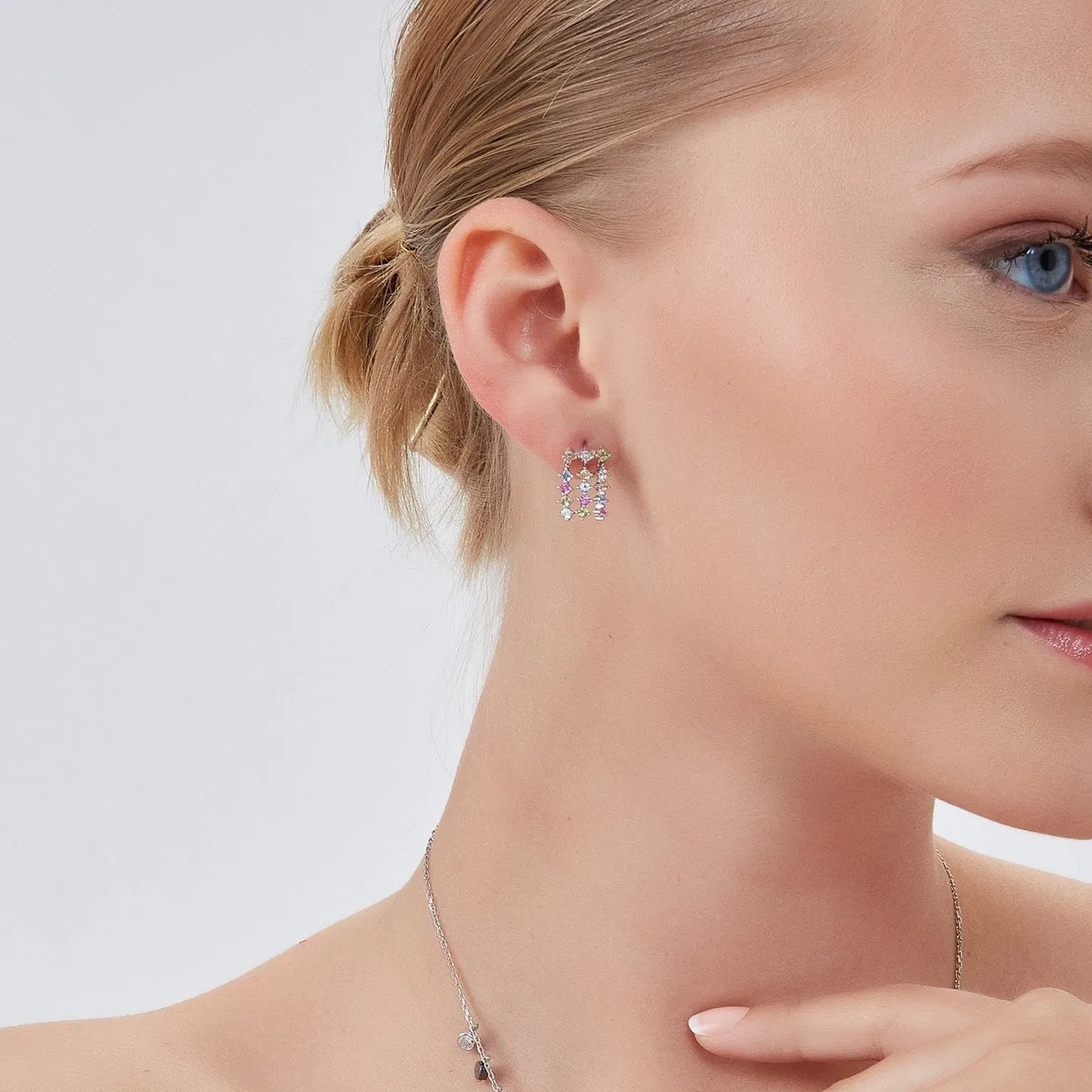 Colourful Rainbow Jewelled Sterling Silver Cluster Stud Drop Earrings sold by Spero London product image thumbnail 3