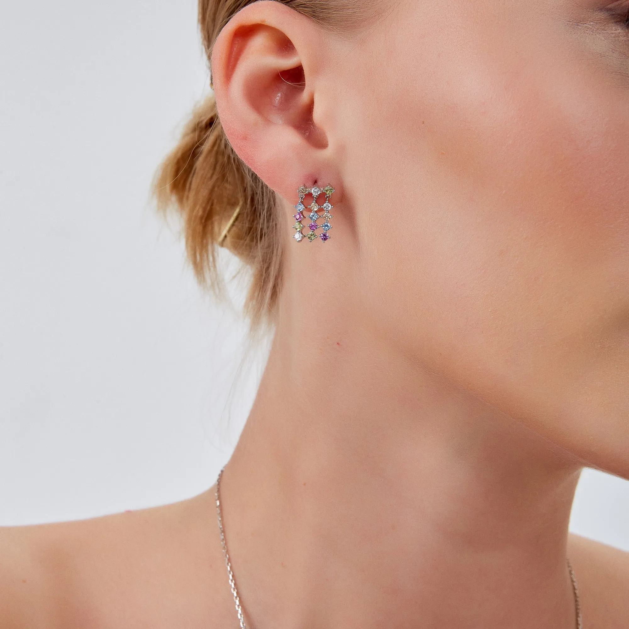 Colourful Rainbow Jewelled Sterling Silver Cluster Stud Drop Earrings sold by Spero London product image thumbnail 4