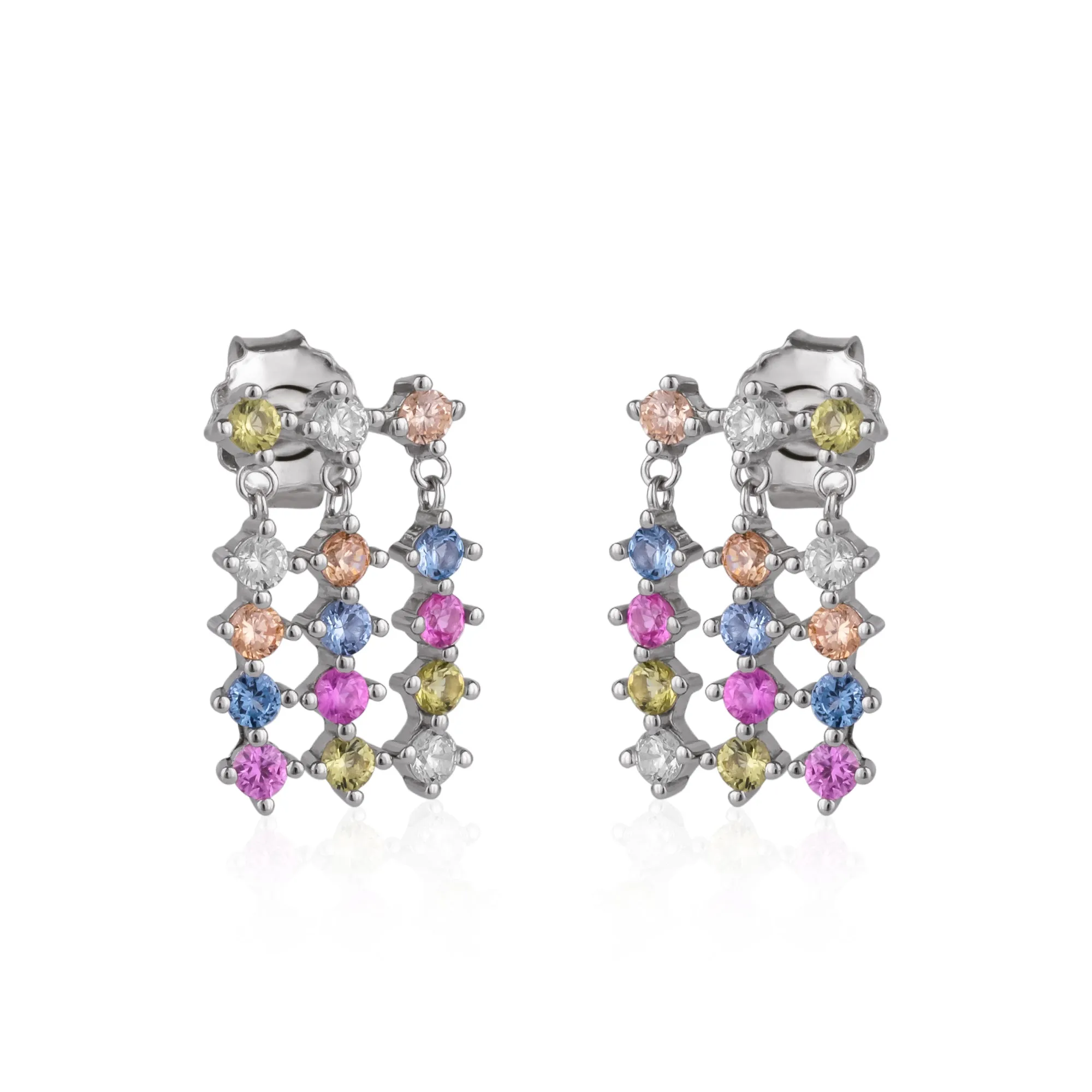 Colourful Rainbow Jewelled Sterling Silver Cluster Stud Drop Earrings sold by Spero London