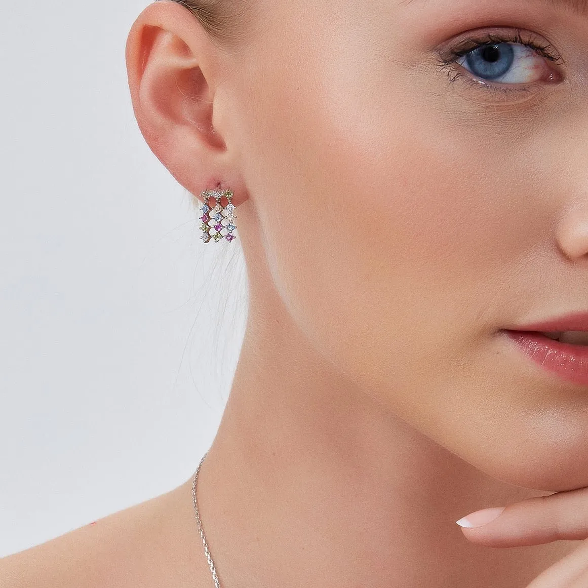 Colourful Rainbow Jewelled Sterling Silver Cluster Stud Drop Earrings sold by Spero London product image thumbnail 5