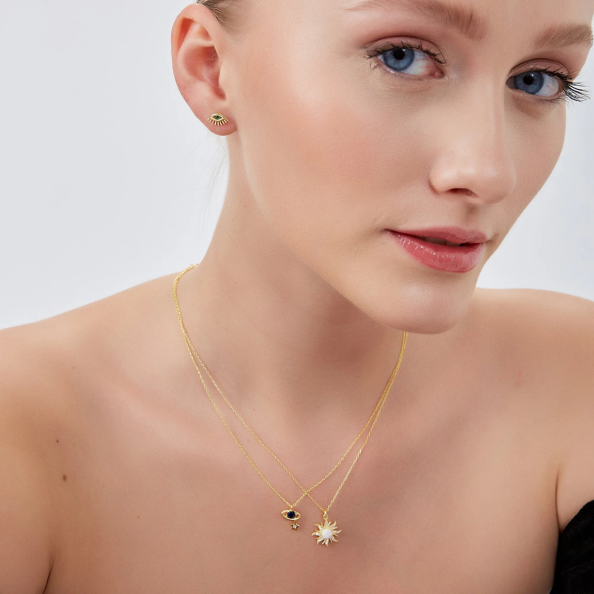 White Opal Sun & Sunburst and Saturn Necklace Layering Set in Sterling Silver sold by Spero London product image thumbnail 4