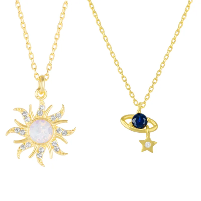 White Opal Sun & Sunburst and Saturn Necklace Layering Set in Sterling Silver sold by Spero London