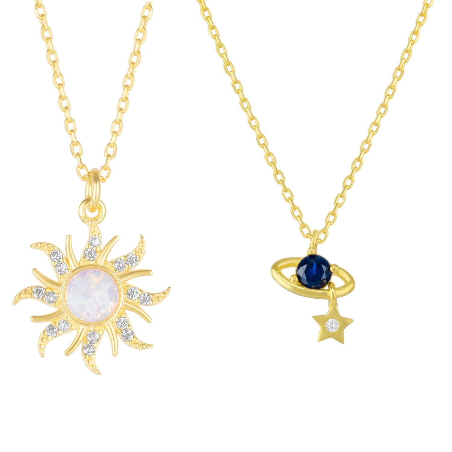 White Opal Sun & Sunburst and Saturn Necklace Layering Set in Sterling Silver sold by Spero London