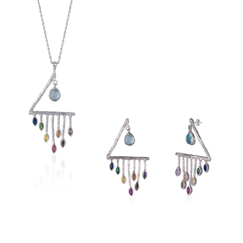 Colourful Rainbow Rain Drop Earring and Necklace Set in Sterling Silver sold by Spero London
