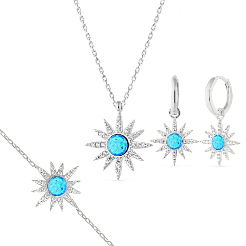 Blue Opal Sun Sterling Silver Necklace Earring and Bracelet Set sold by Spero London