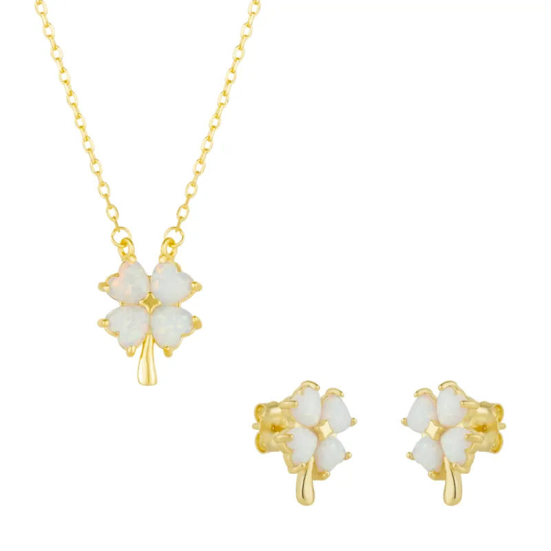 White Opal Four Leaf Clover Sterling Silver Necklace & Earring Set sold by Spero London