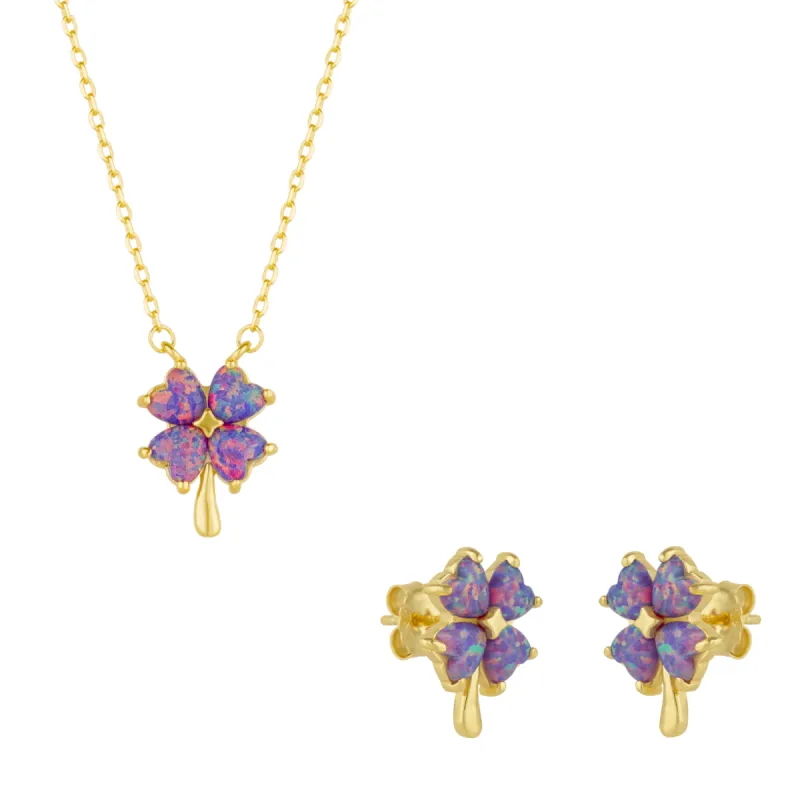 Pink & Purple Opal Four Leaf Clover Sterling Silver Necklace & Earrings Set sold by Spero London