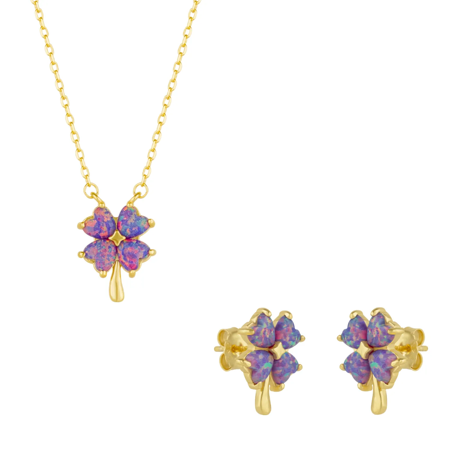 Pink & Purple Opal Four Leaf Clover Sterling Silver Necklace & Earrings Set sold by Spero London