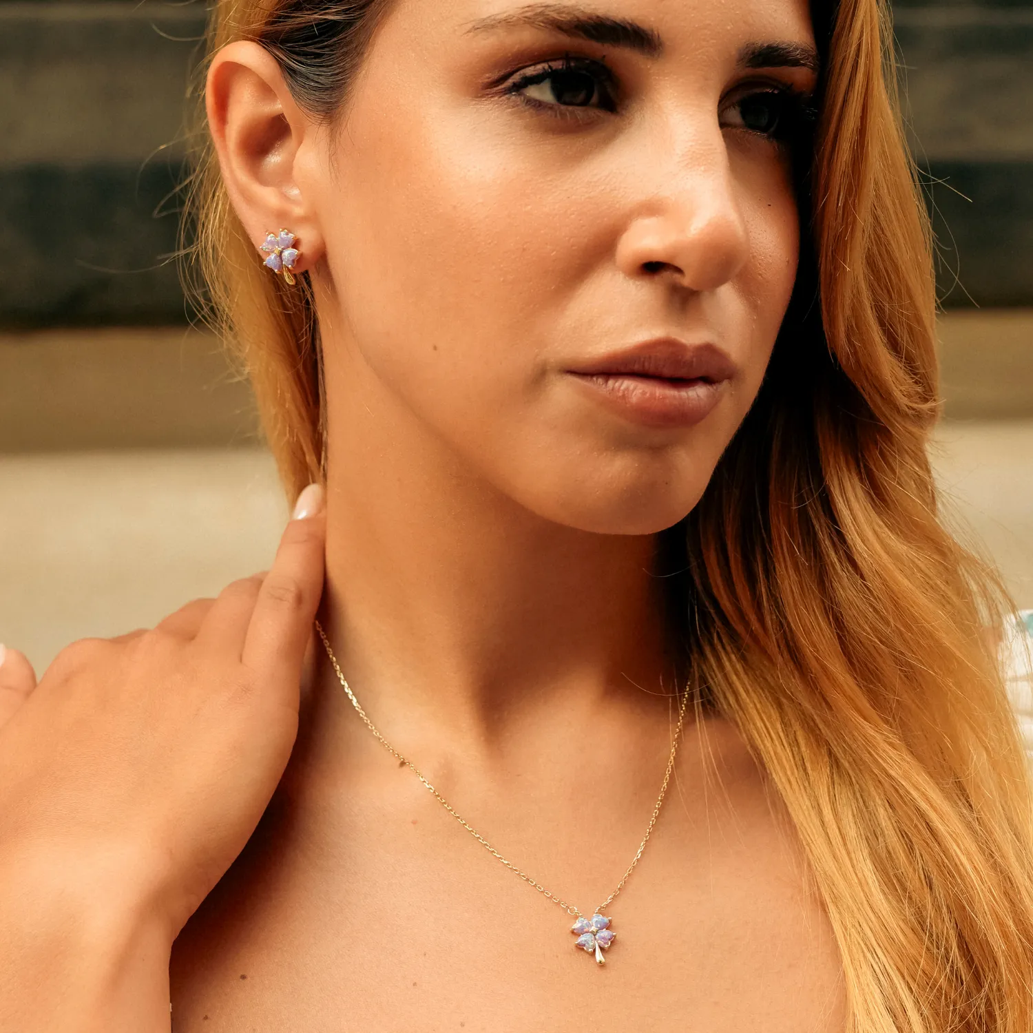 Pink & Purple Opal Four Leaf Clover Sterling Silver Necklace & Earrings Set sold by Spero London product image thumbnail 2