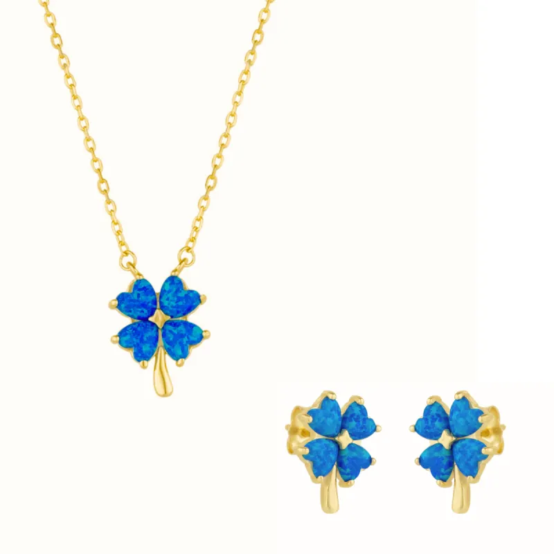 Blue Opal Four Leaf Clover Sterling Silver Necklace & Earring Set sold by Spero London