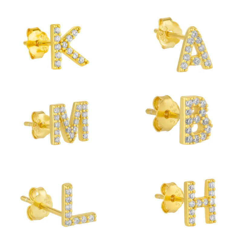 Initial Letter Stud Earring Sterling Silver in 18K Gold Plated - Single sold by Spero London