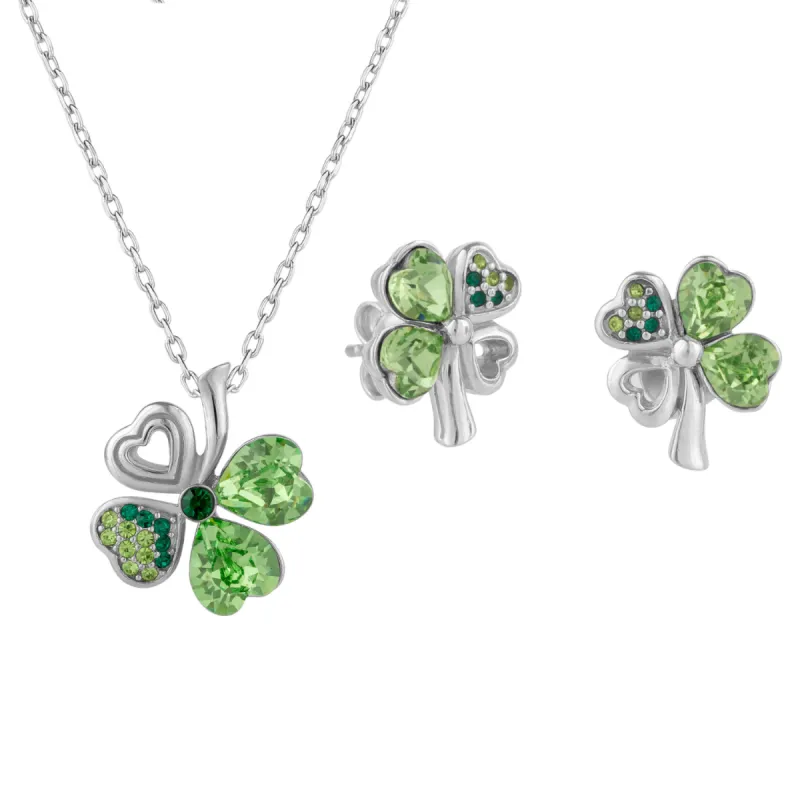 Four Leaf Clover Tones Of Green Earring and Necklace Set in Sterling Silver sold by Spero London
