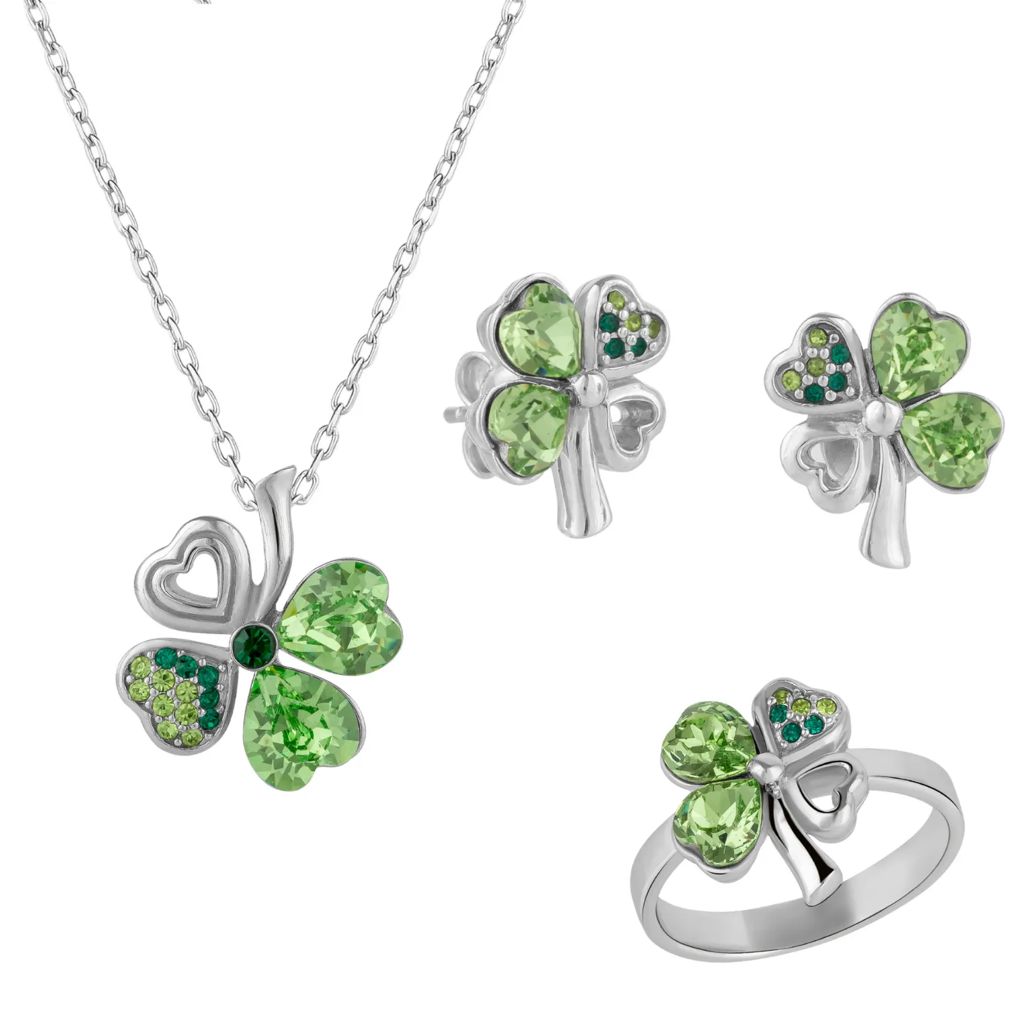 Four Leaf Clover Tones Of Green Earring, Necklace & Ring Set in Sterling Silver sold by Spero London