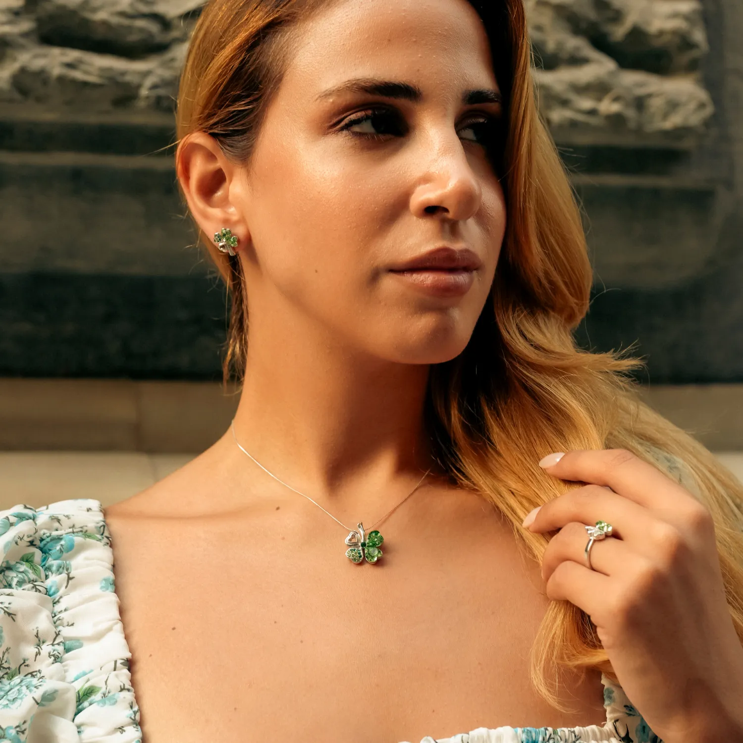 Four Leaf Clover Tones Of Green Earring, Necklace & Ring Set in Sterling Silver sold by Spero London product image thumbnail 2
