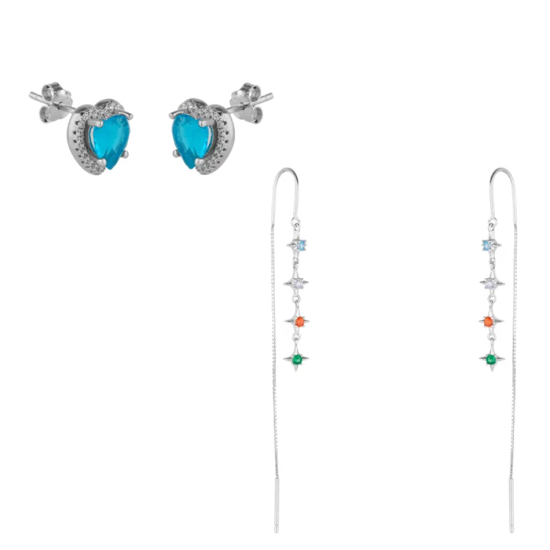 Multicolour Star Drop Sterling Silver Chain Threader Earrings and Heart of Ocean Earrings- Pair sold by Spero London