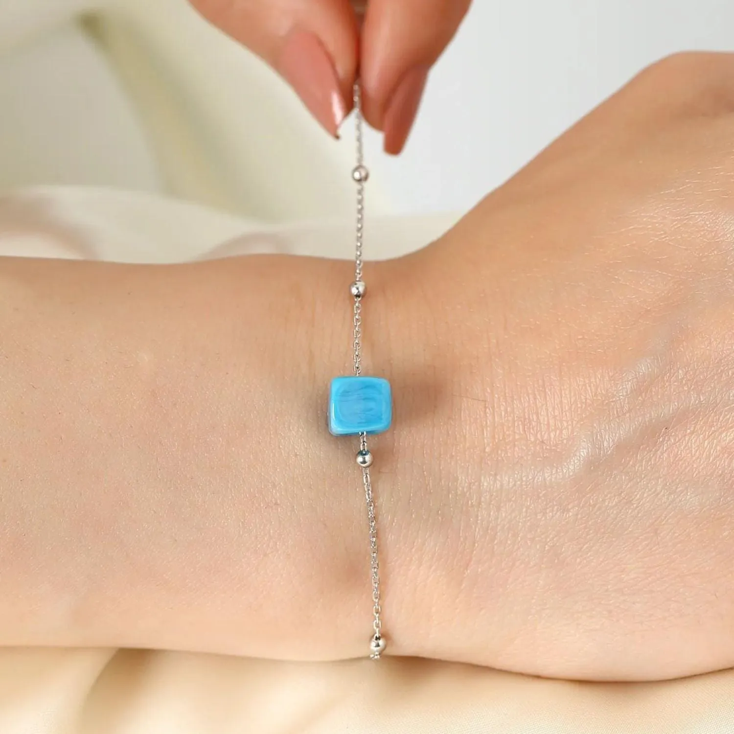 Sterling Silver Beaded Satellite Chain Bracelet With Turquoise Gemstone sold by Spero London product image thumbnail 4
