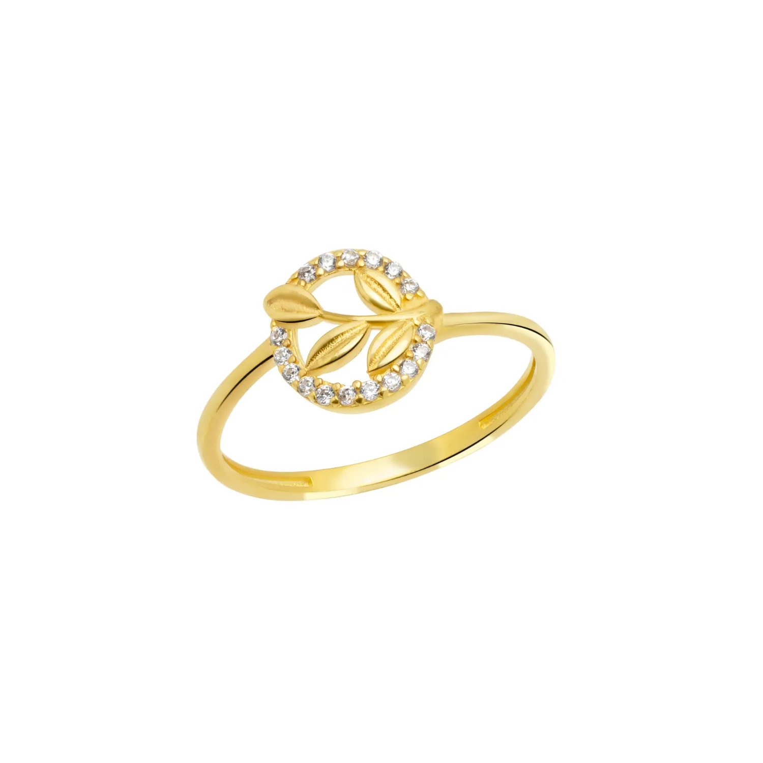 Fine Olive Branch Leaf Circle Halo Ring 14ct Solid Gold sold by Spero London
