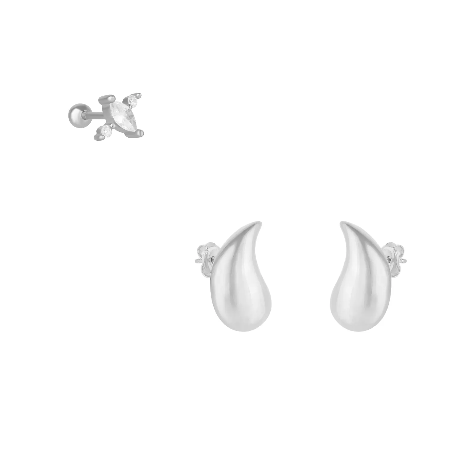 Pear Teardrop Earrings And Marquise Stud Piercing Sterling Silver Set sold by Spero London