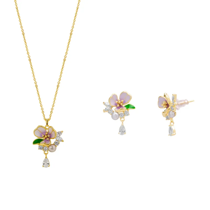 Pansy Violet Floral Necklace and Earring Set in Sterling Silver sold by Spero London