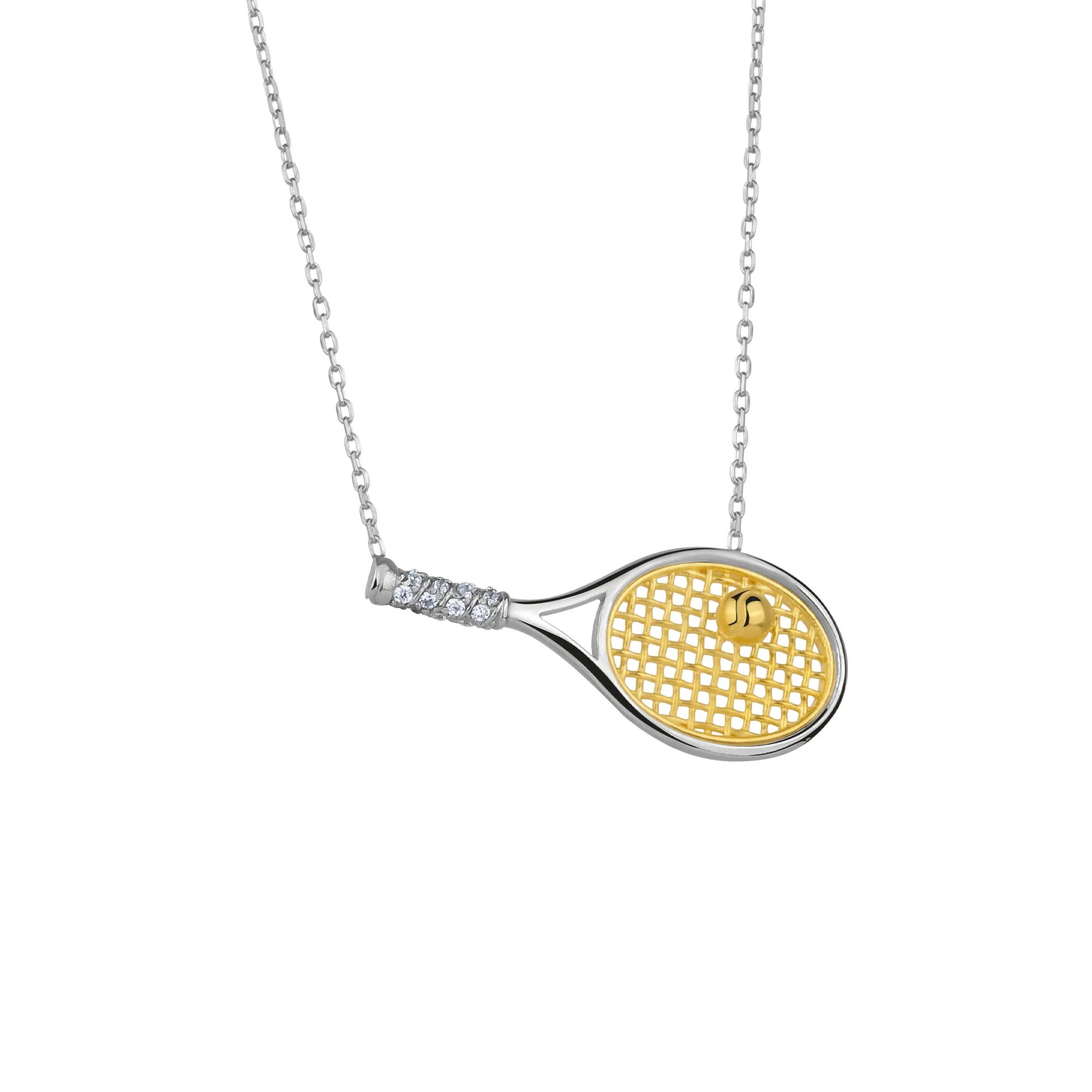 Sterling Silver Tennis Racket Necklace sold by Spero London