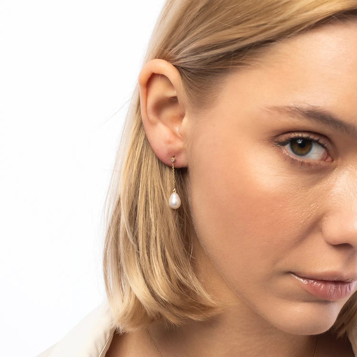 Diamond Drop Real Pearl Fine Earrings 14ct Solid Gold sold by Spero London