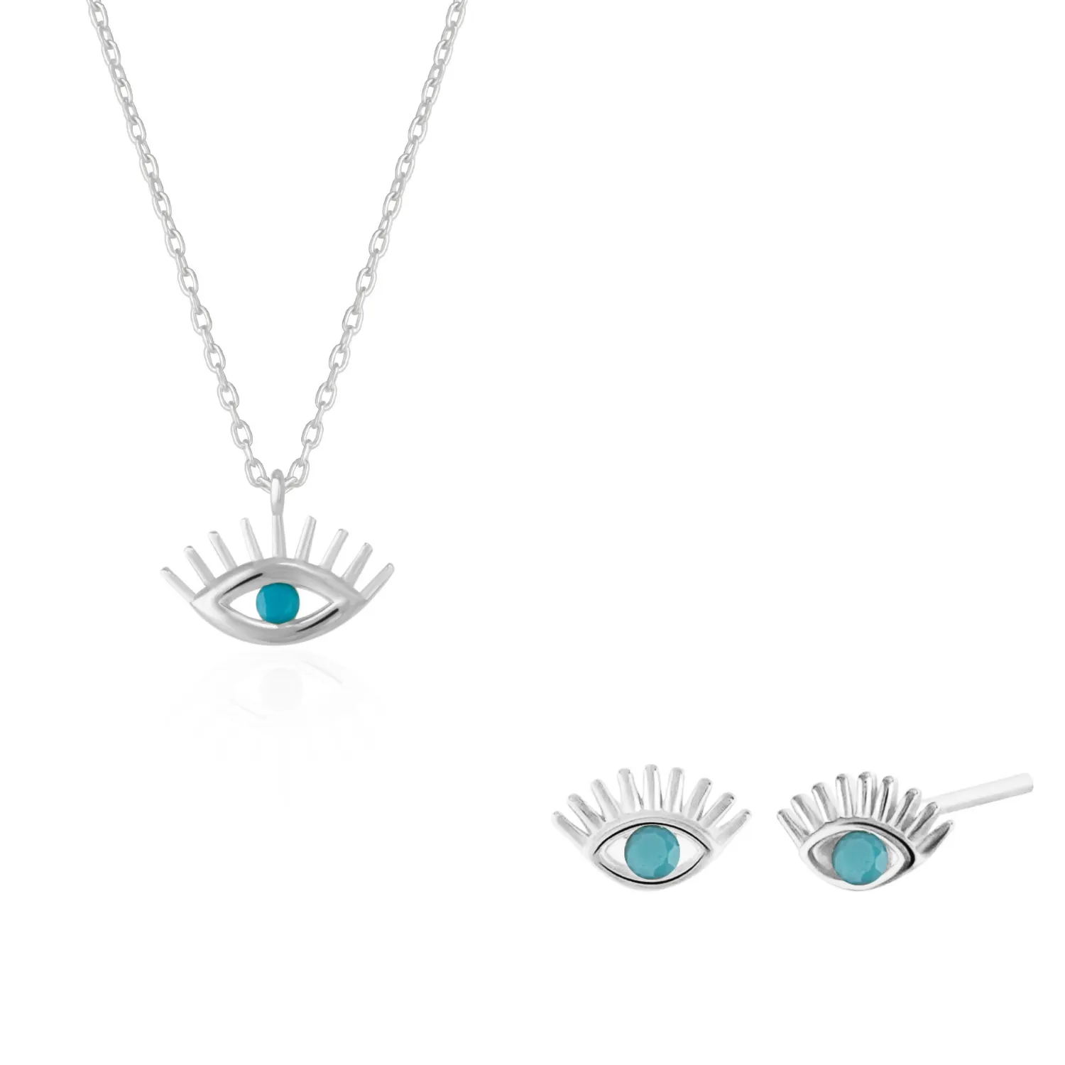Turquoise Blue Eye Evil Eye Sterling Silver Necklace and Earrings Set sold by Spero London