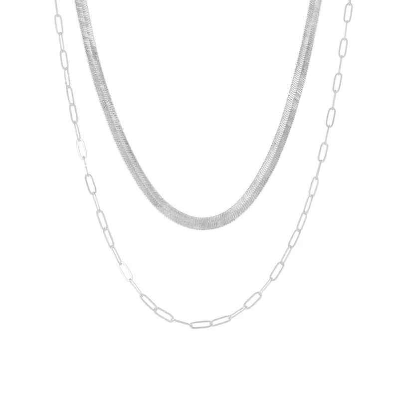 Herringbone and Rectangular Sterling Silver Necklace Layering Set sold by Spero London
