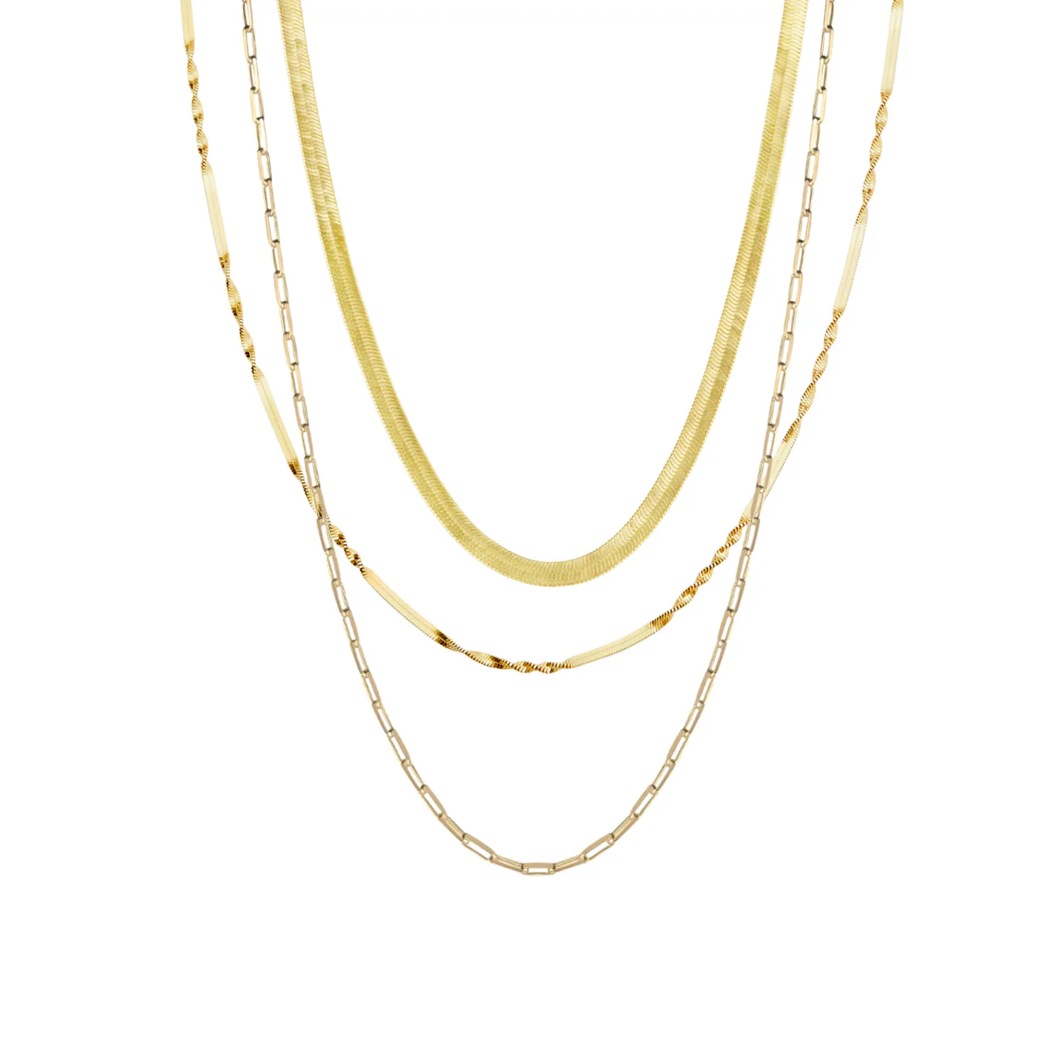 Herringbone Semi Twisted and Paperclip Chain Sterling Silver Layering Necklace Set sold by Spero London