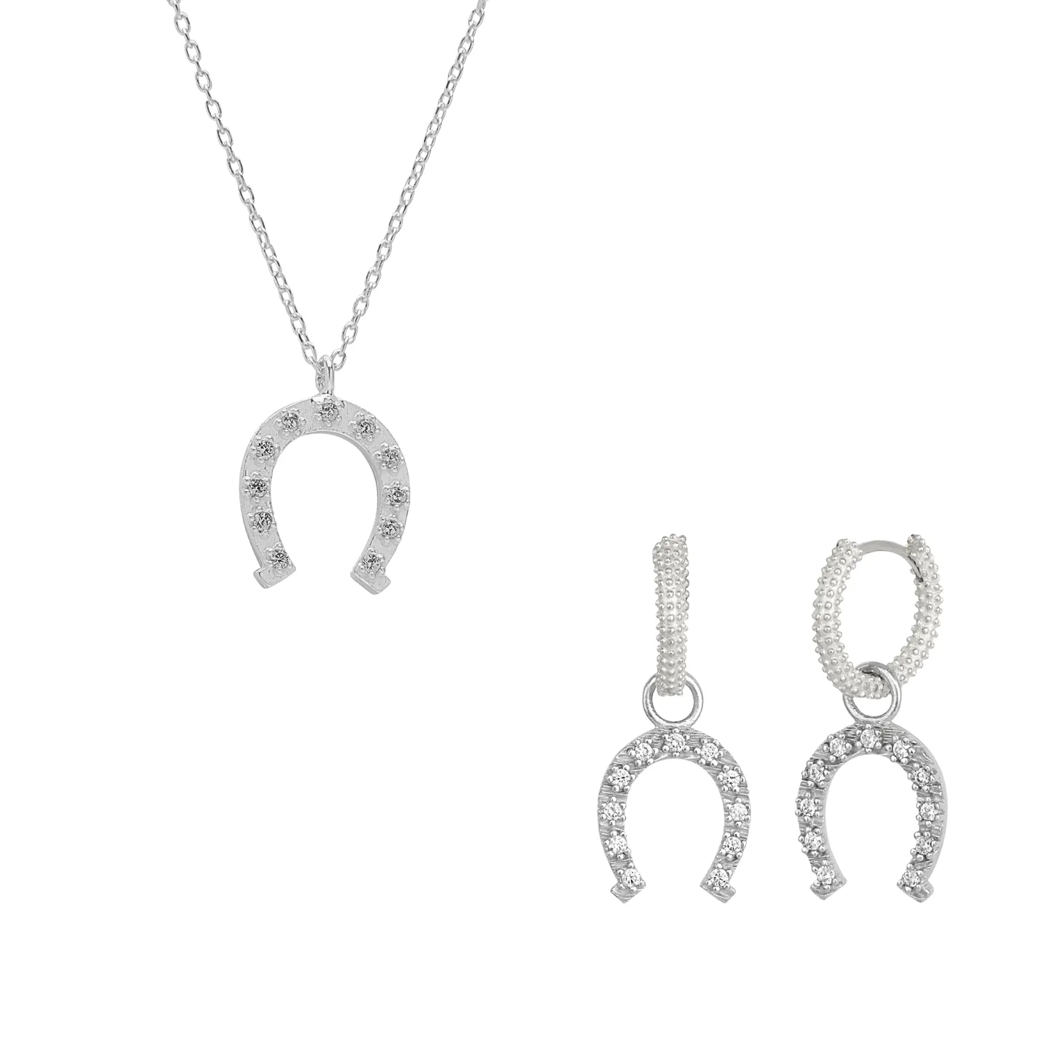 Sterling Silver Horseshoe Equestrian Necklace & Earring Set sold by Spero London