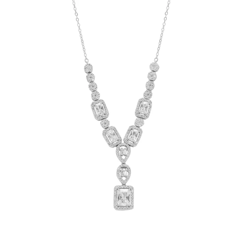 Elegant Y Sterling Silver Necklace with Emerald-Cut & Teardrop Gemstones sold by Spero London